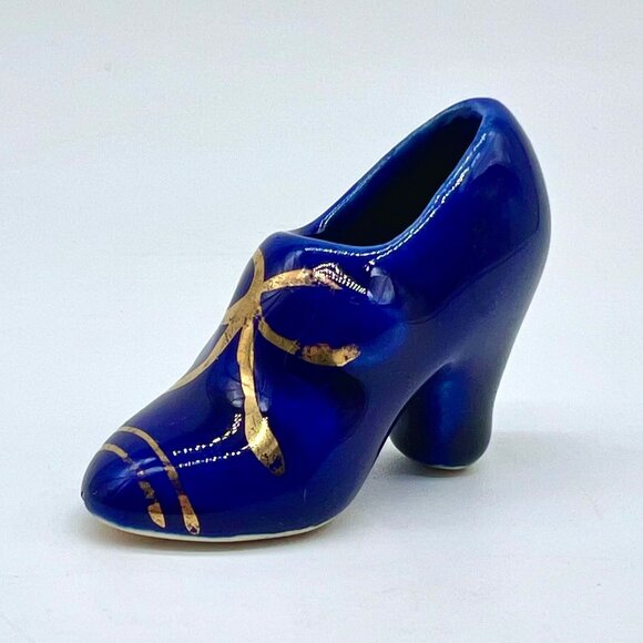 Vintage Blue Miniature Ceramic Shoe Figurine with Gold Bow Accents - Picture 1 of 8